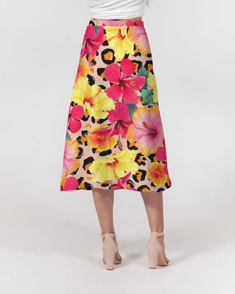 Animal Print Island Flowers Women’s A Line Midi Skirt