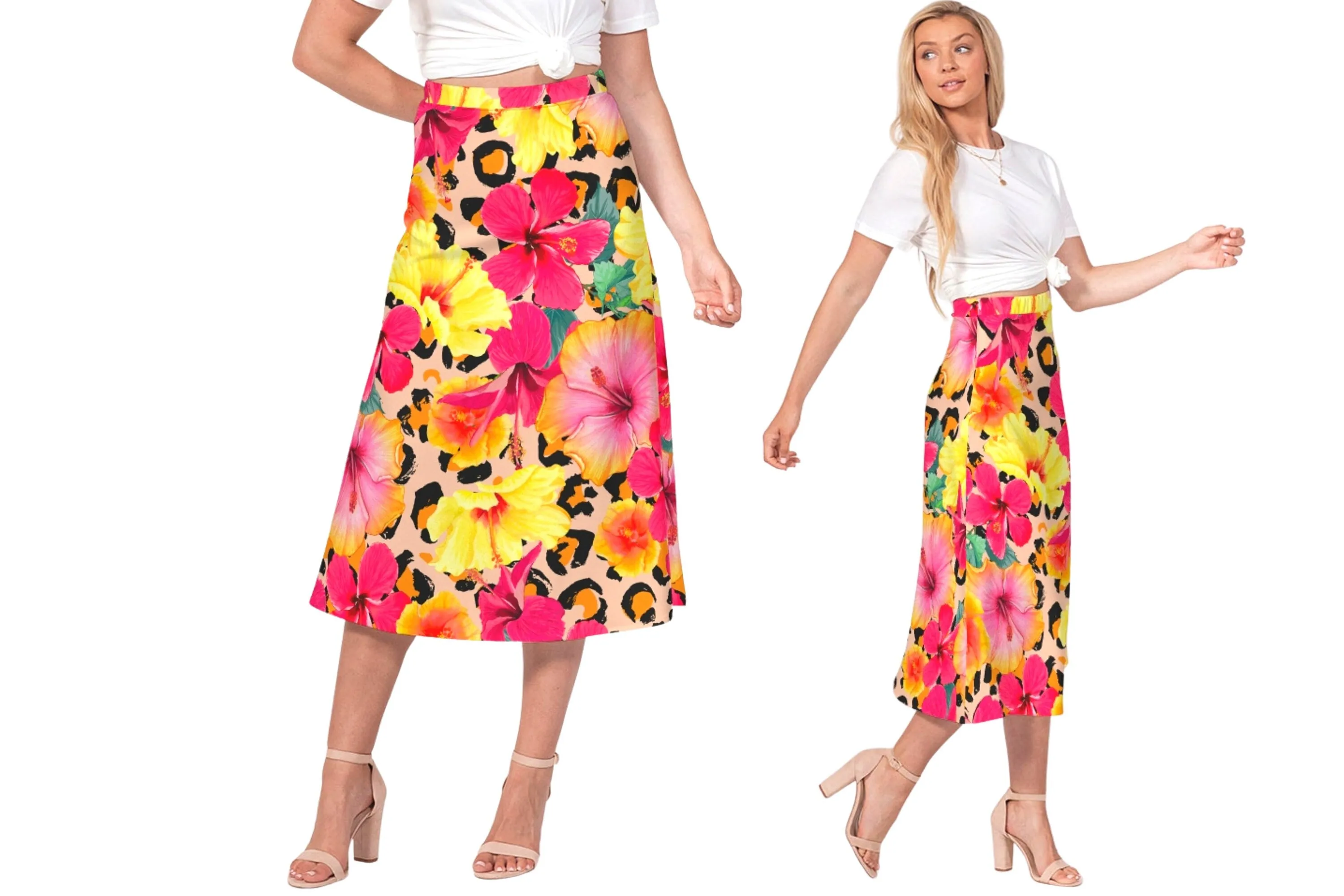 Animal Print Island Flowers Women’s A Line Midi Skirt