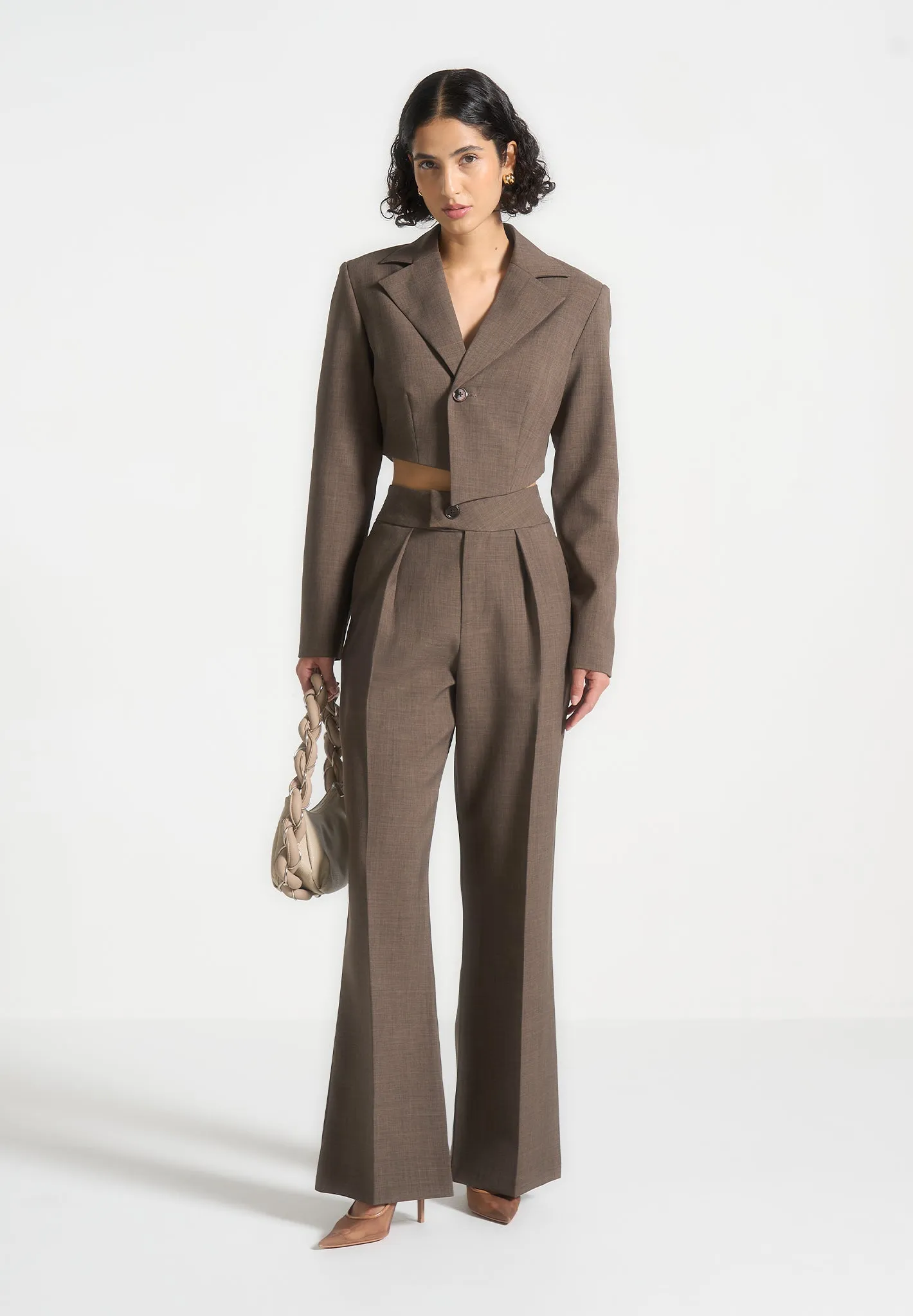 Asymmetric Tailored Cropped Blazer - Dark Taupe