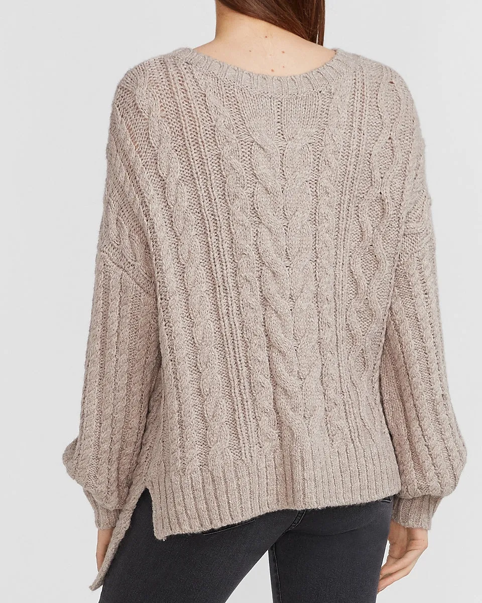 Asymmetrical Hem Cable Knit Sweater in Beige