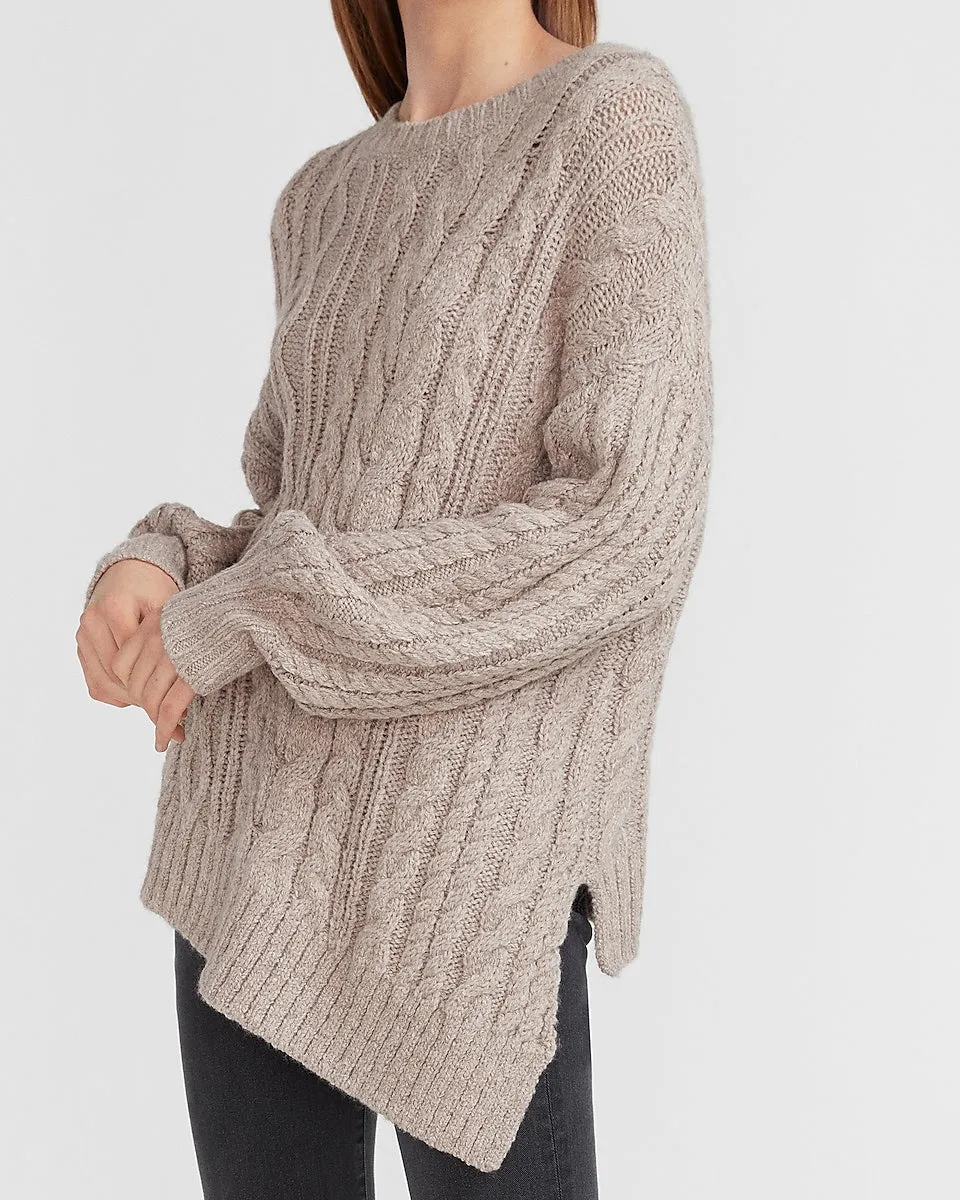 Asymmetrical Hem Cable Knit Sweater in Beige