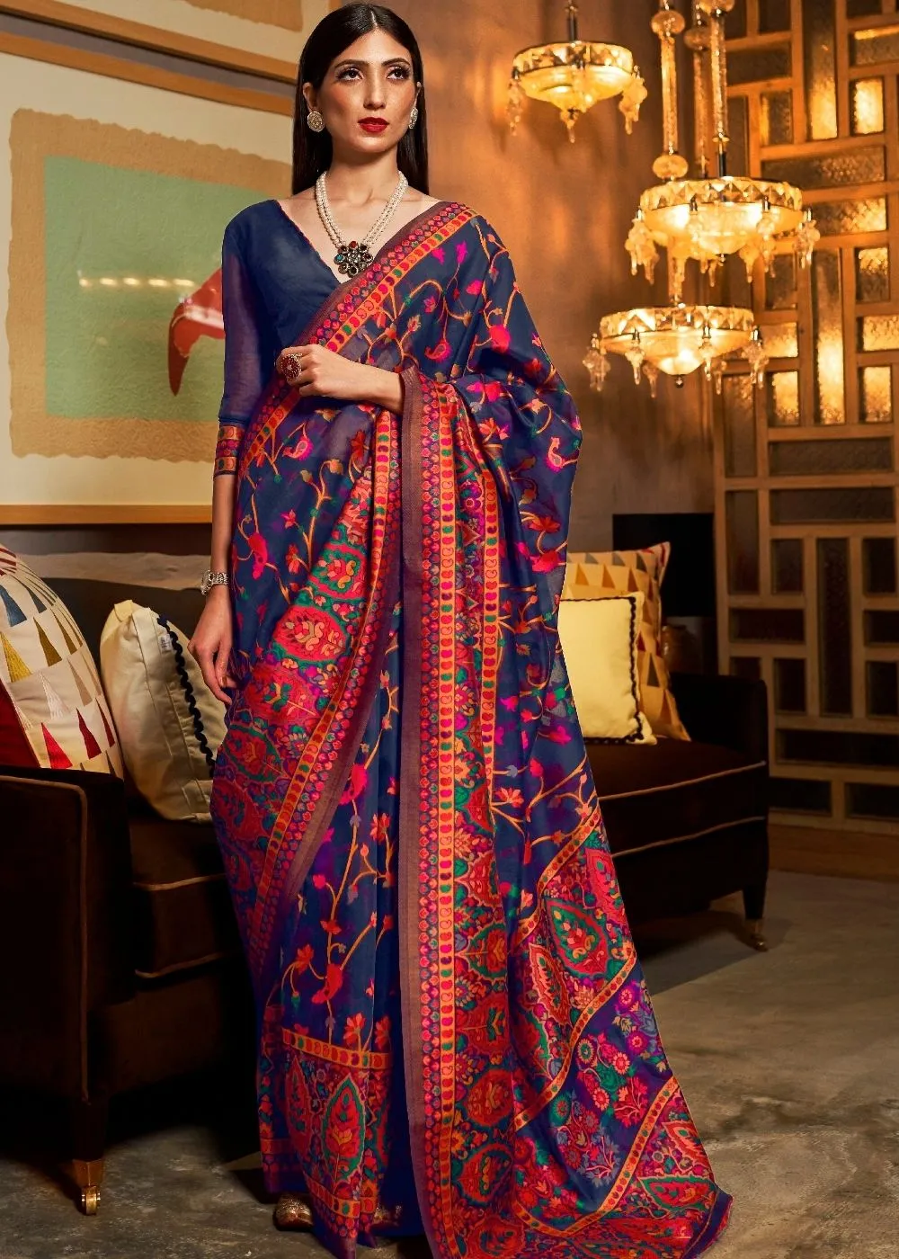 Berry Blue Banarasi Jamawar Woven Silk Saree : Top Pick