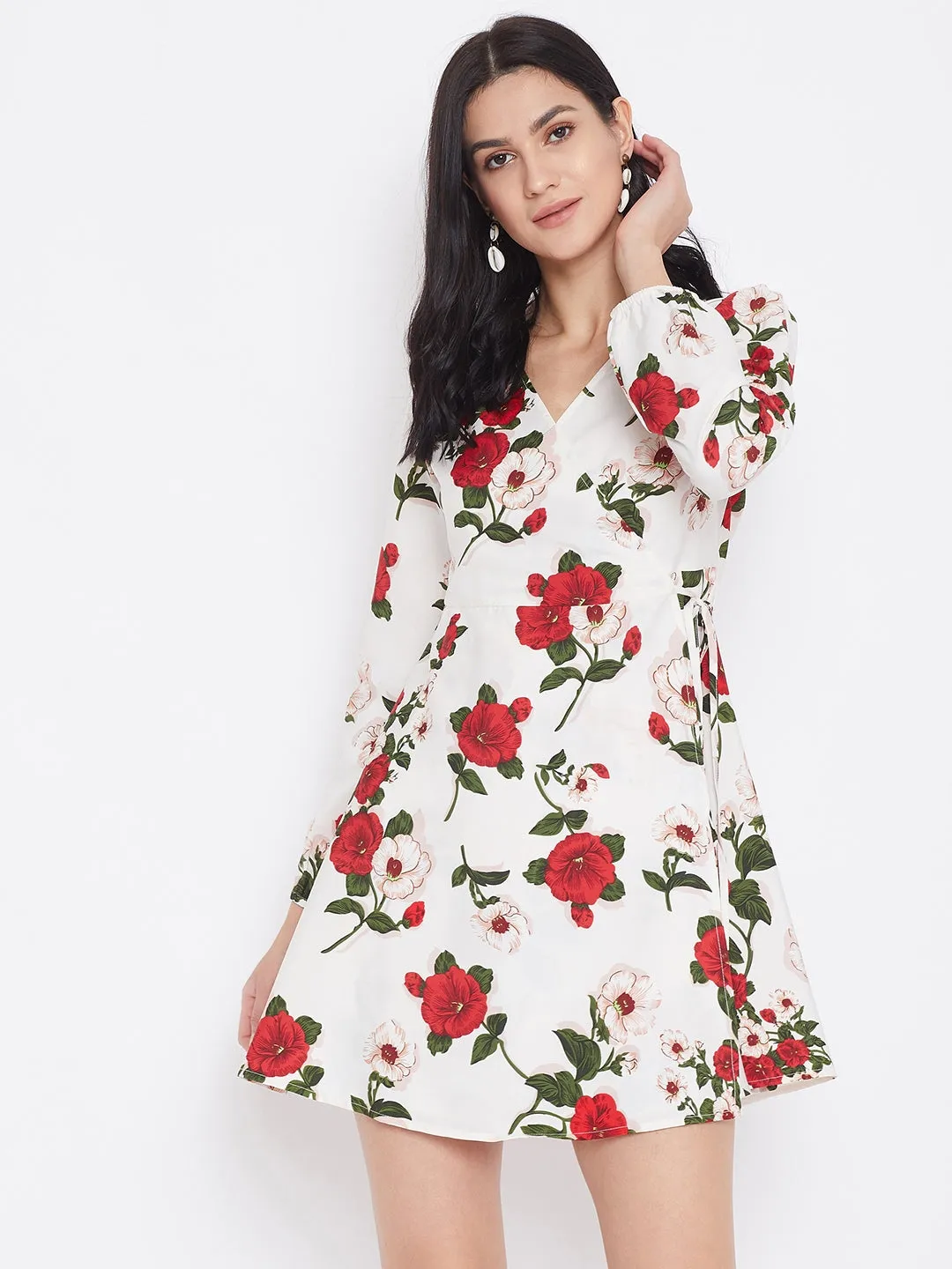 Berrylush Women White & Red Floral Printed A-Line Wrap Mini Dress