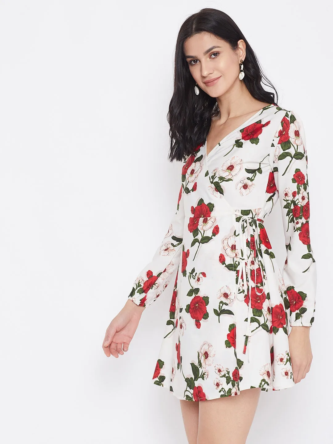 Berrylush Women White & Red Floral Printed A-Line Wrap Mini Dress