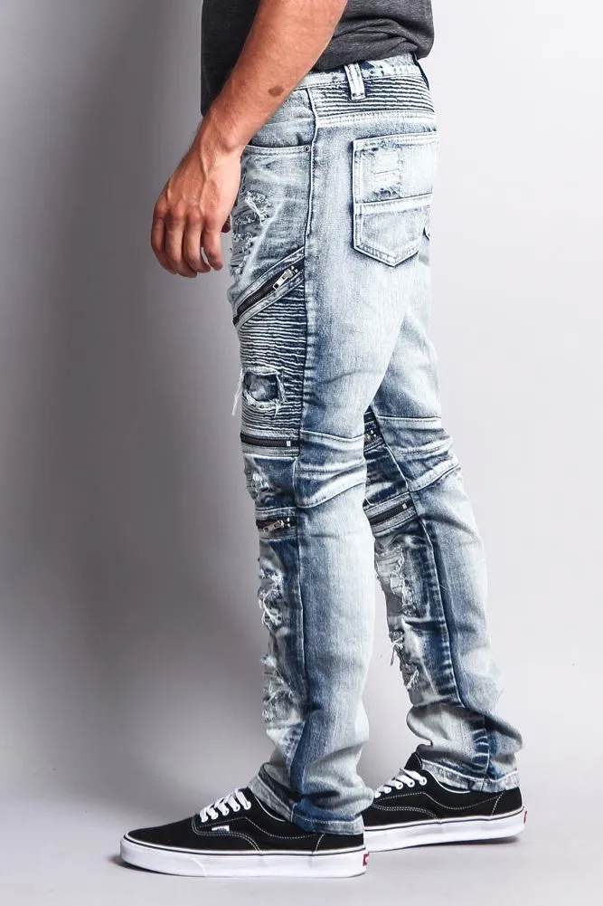 Biker Distressed Washed Slim Jeans