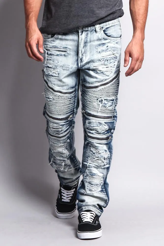 Biker Distressed Washed Slim Jeans