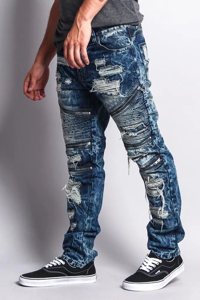 Biker Distressed Washed Slim Jeans