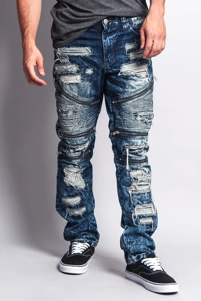 Biker Distressed Washed Slim Jeans