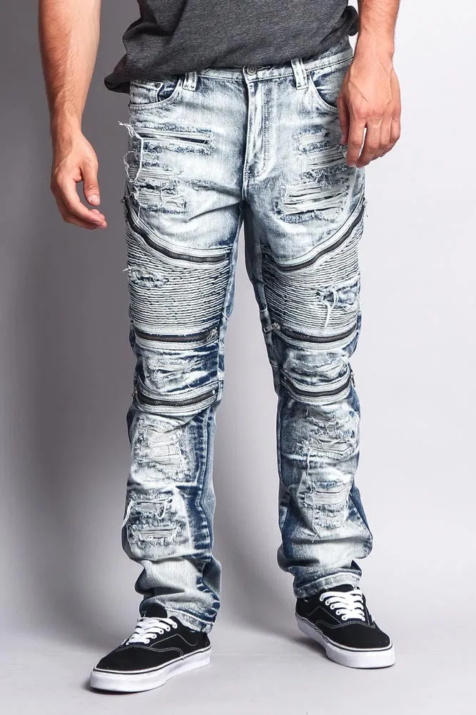 Biker Distressed Washed Slim Jeans