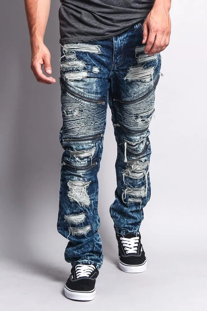 Biker Distressed Washed Slim Jeans