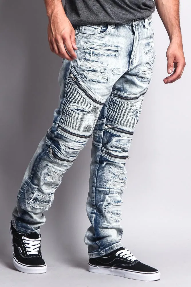 Biker Distressed Washed Slim Jeans