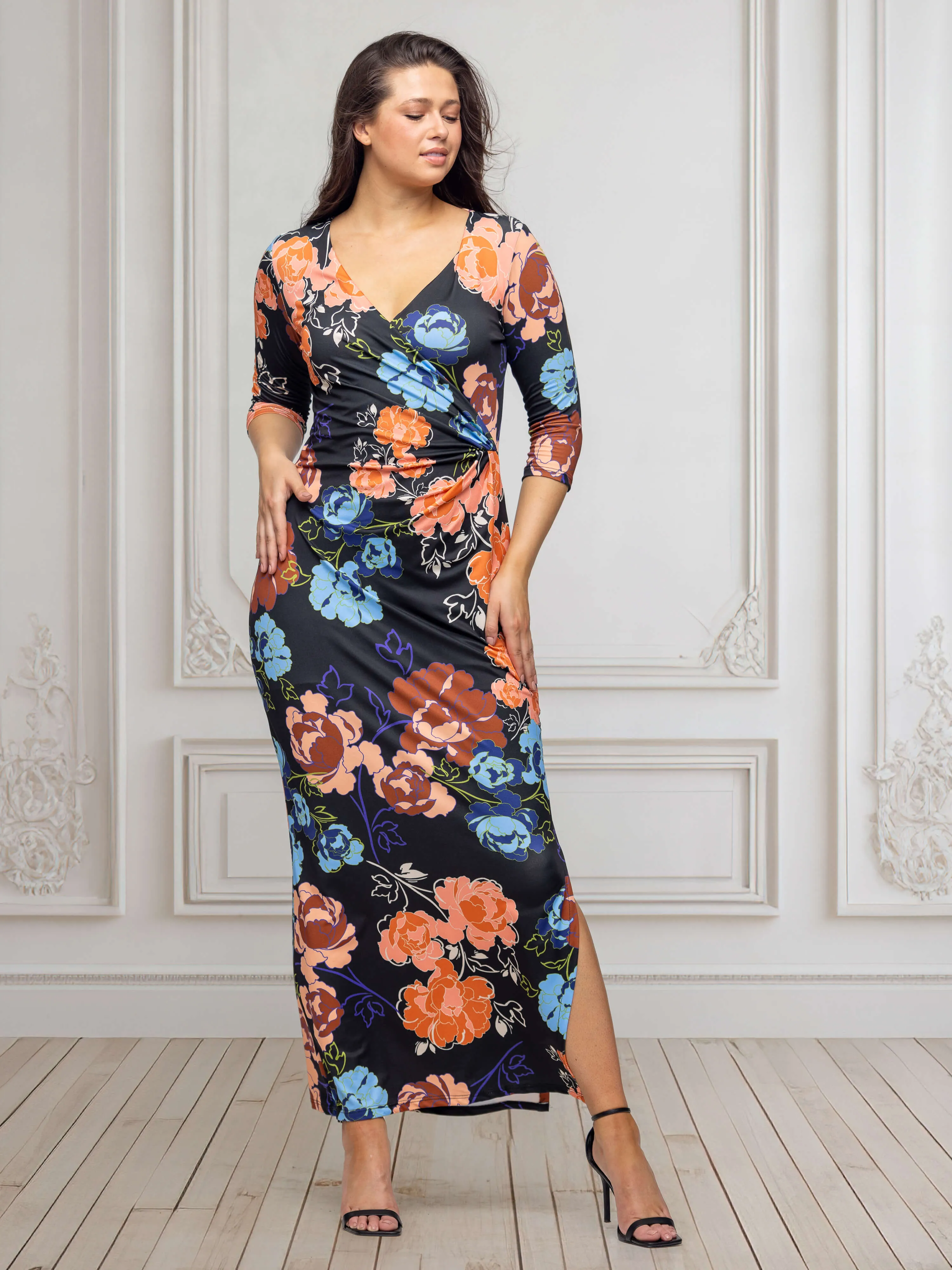 Black Floral Three Quarter Sleeve Side Slit Maxi Dress