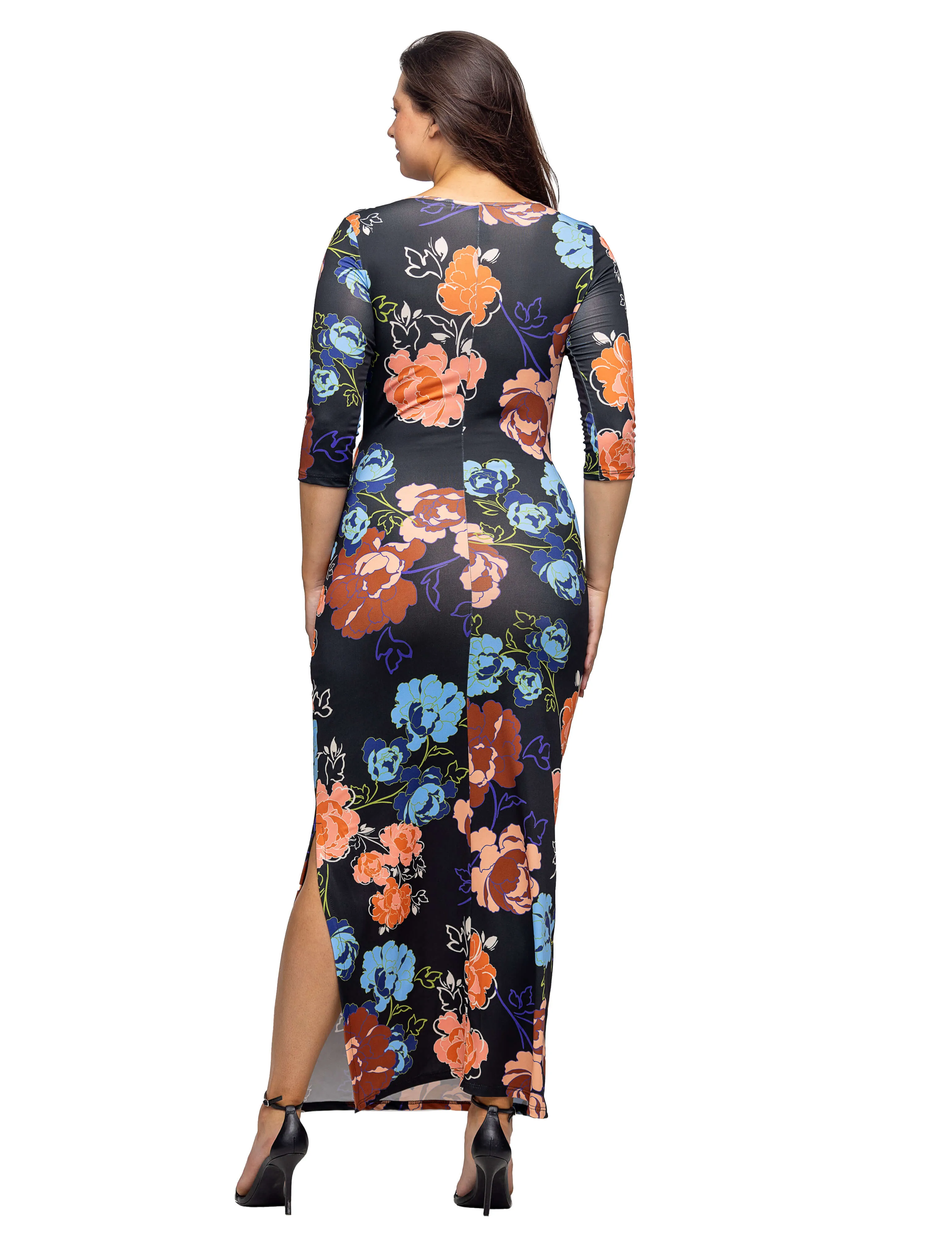 Black Floral Three Quarter Sleeve Side Slit Maxi Dress