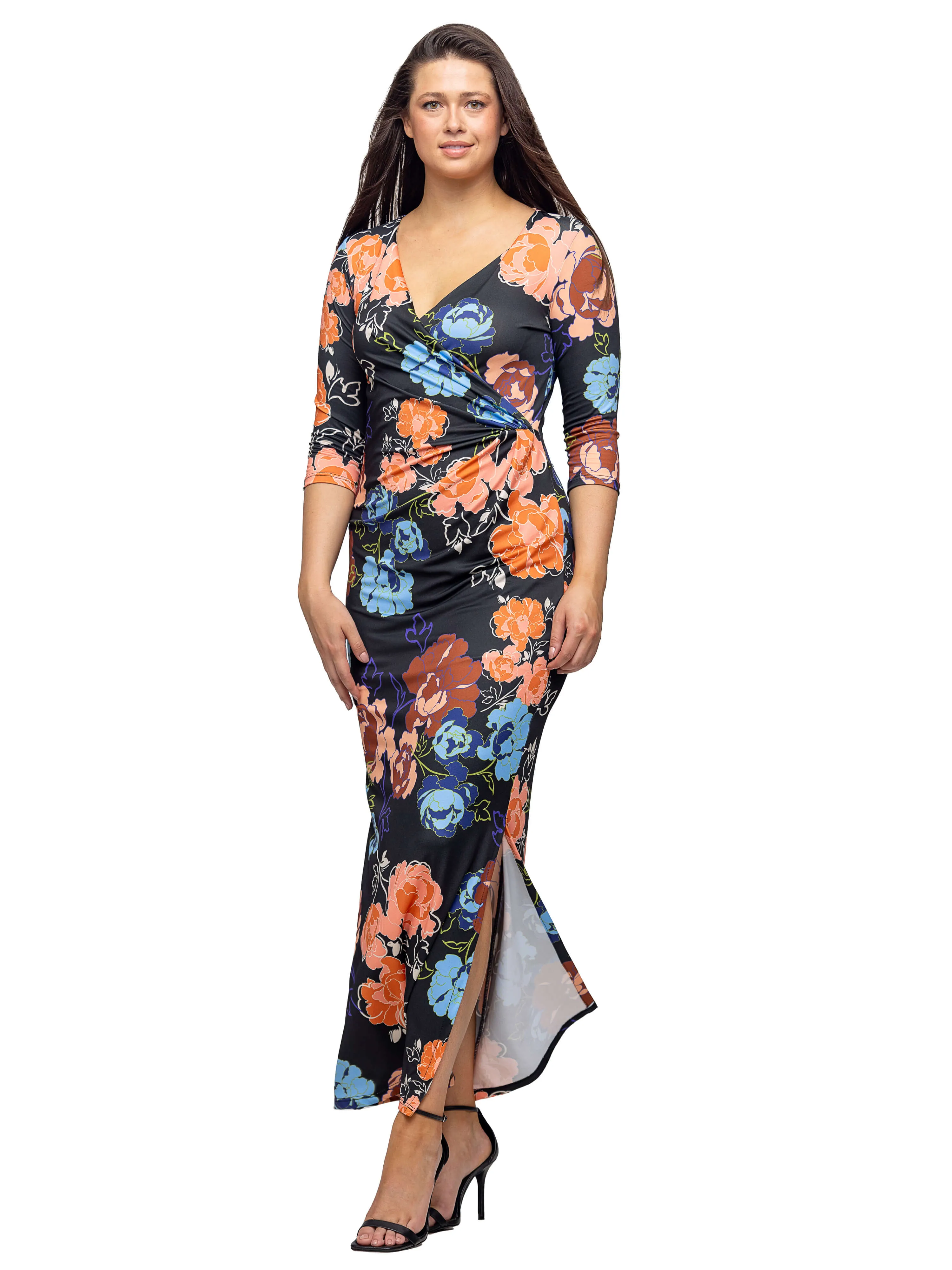 Black Floral Three Quarter Sleeve Side Slit Maxi Dress