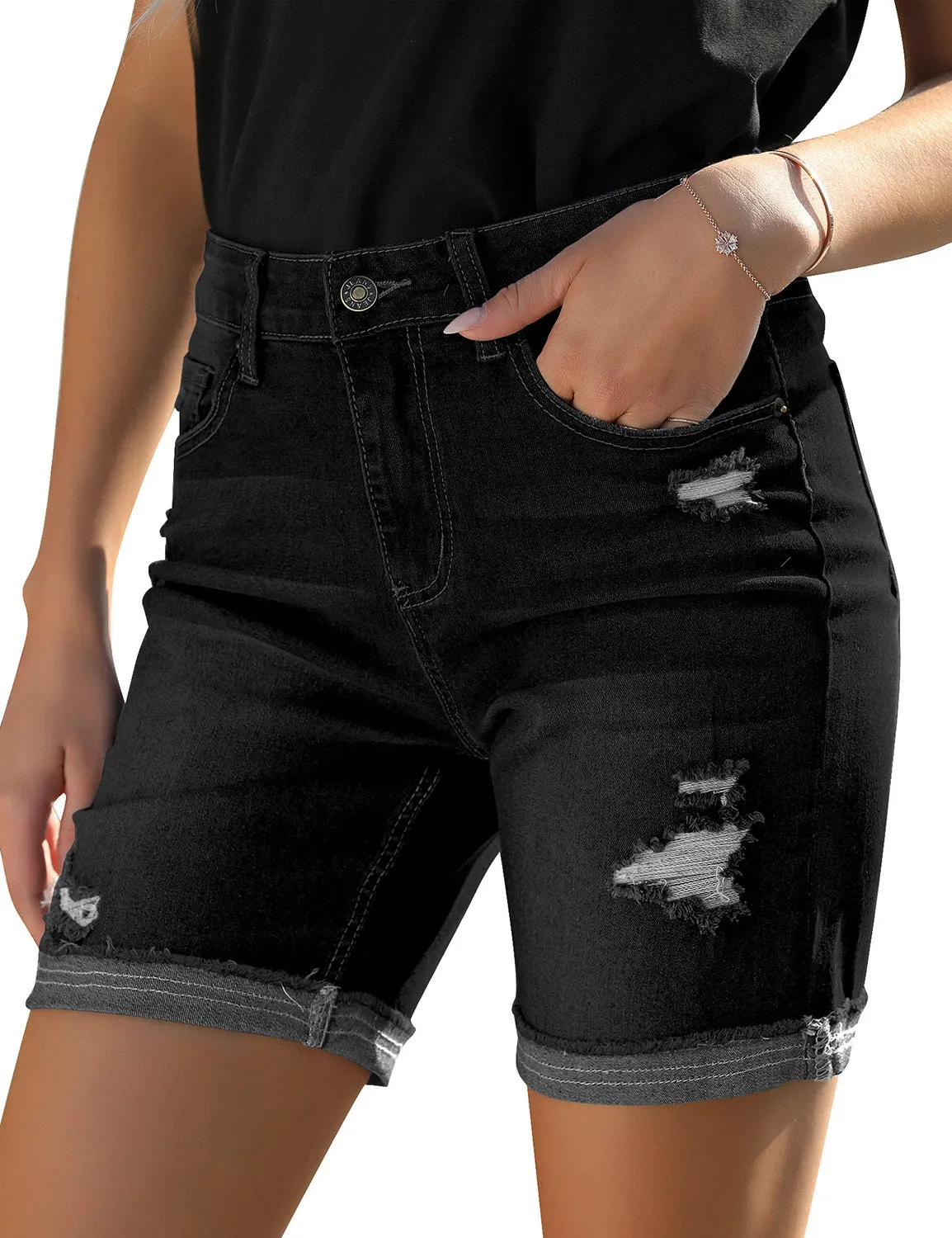 Black Rolled Hem Distressed Biker Shorts