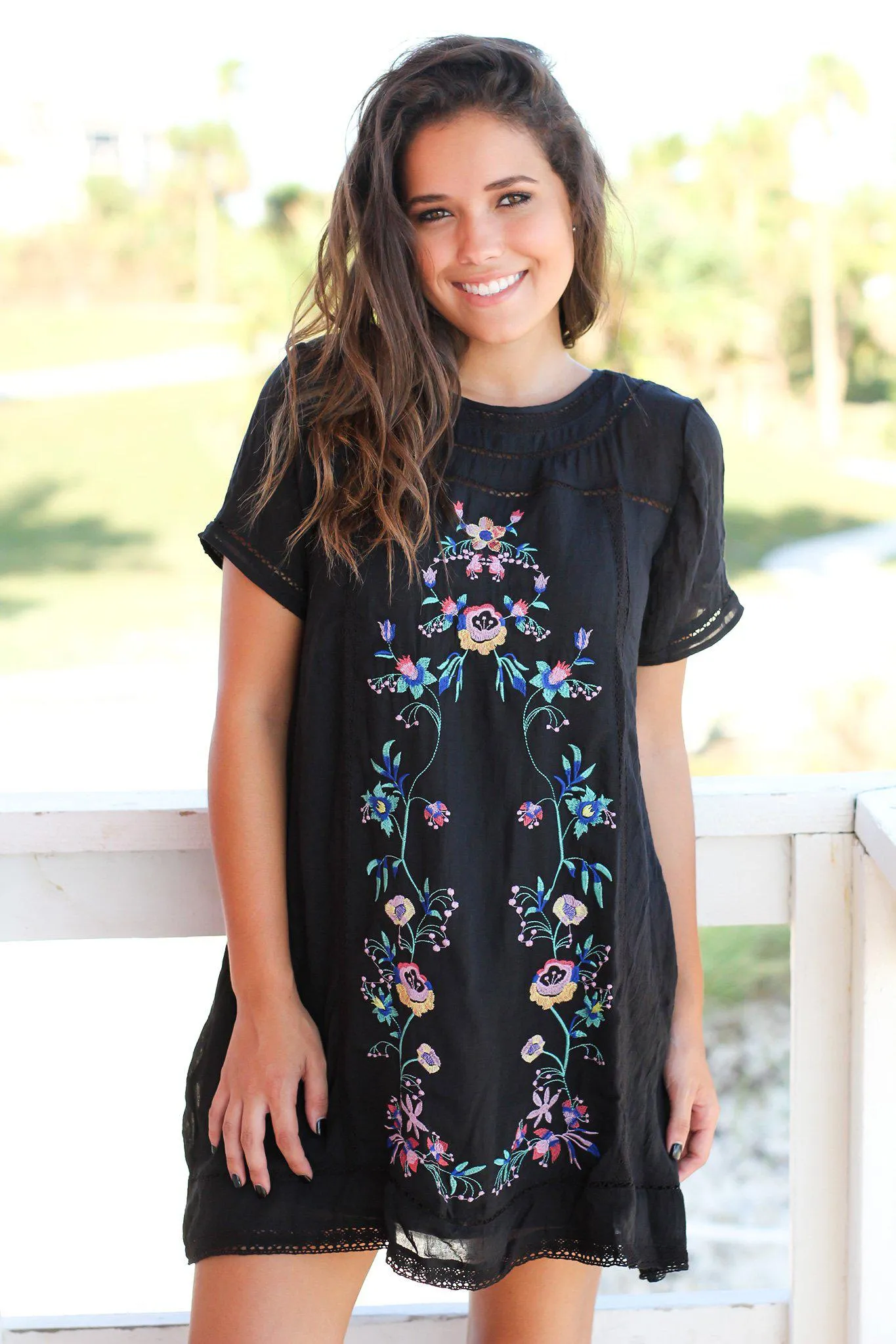 Black Short Dress with Floral Embroidery