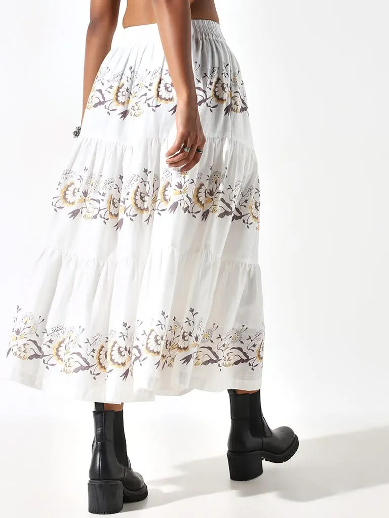 Bombay Paisley White A-Line Printed Cotton Tiered Skirt