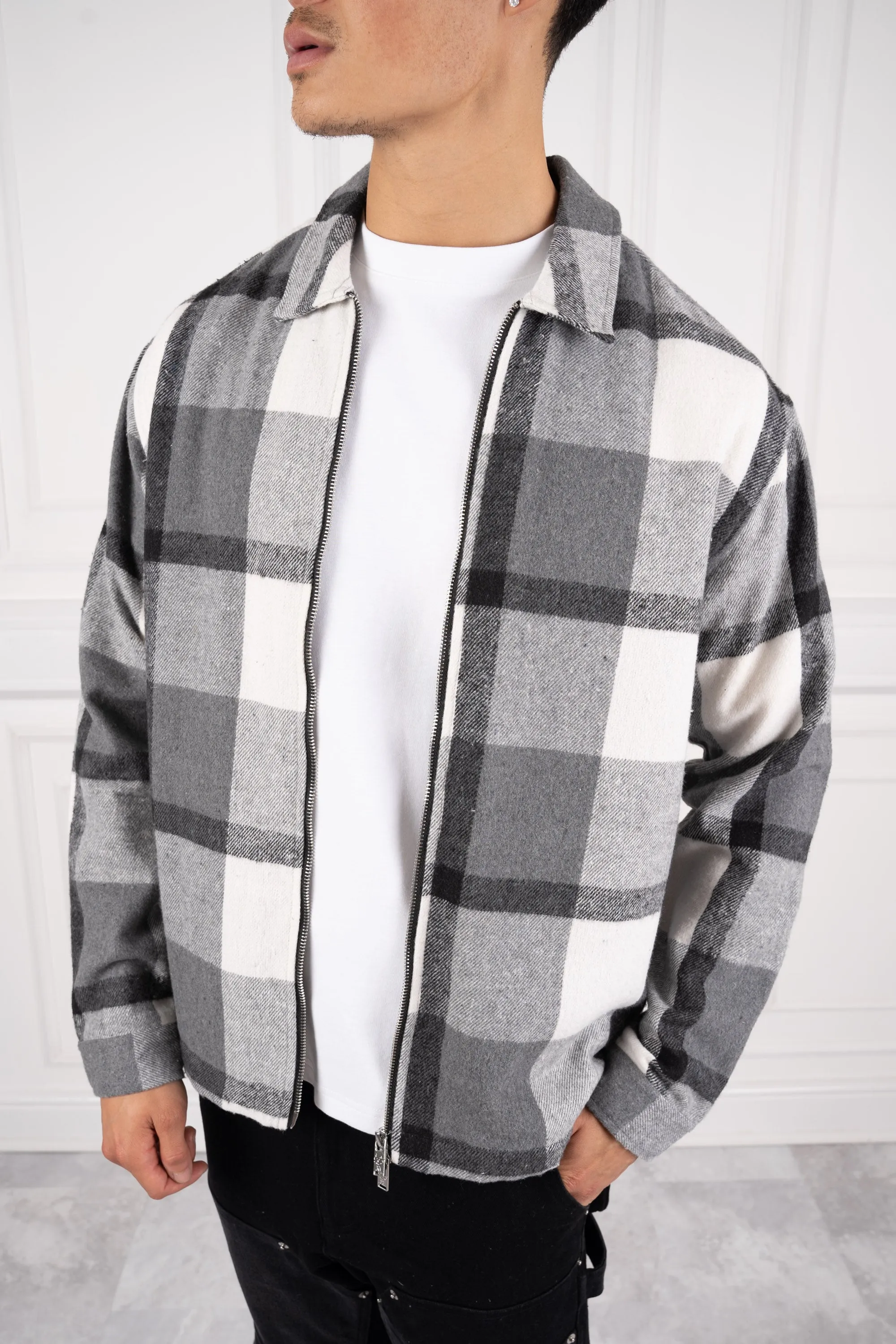 Boxy Checked Double Zip Shirt - Grey