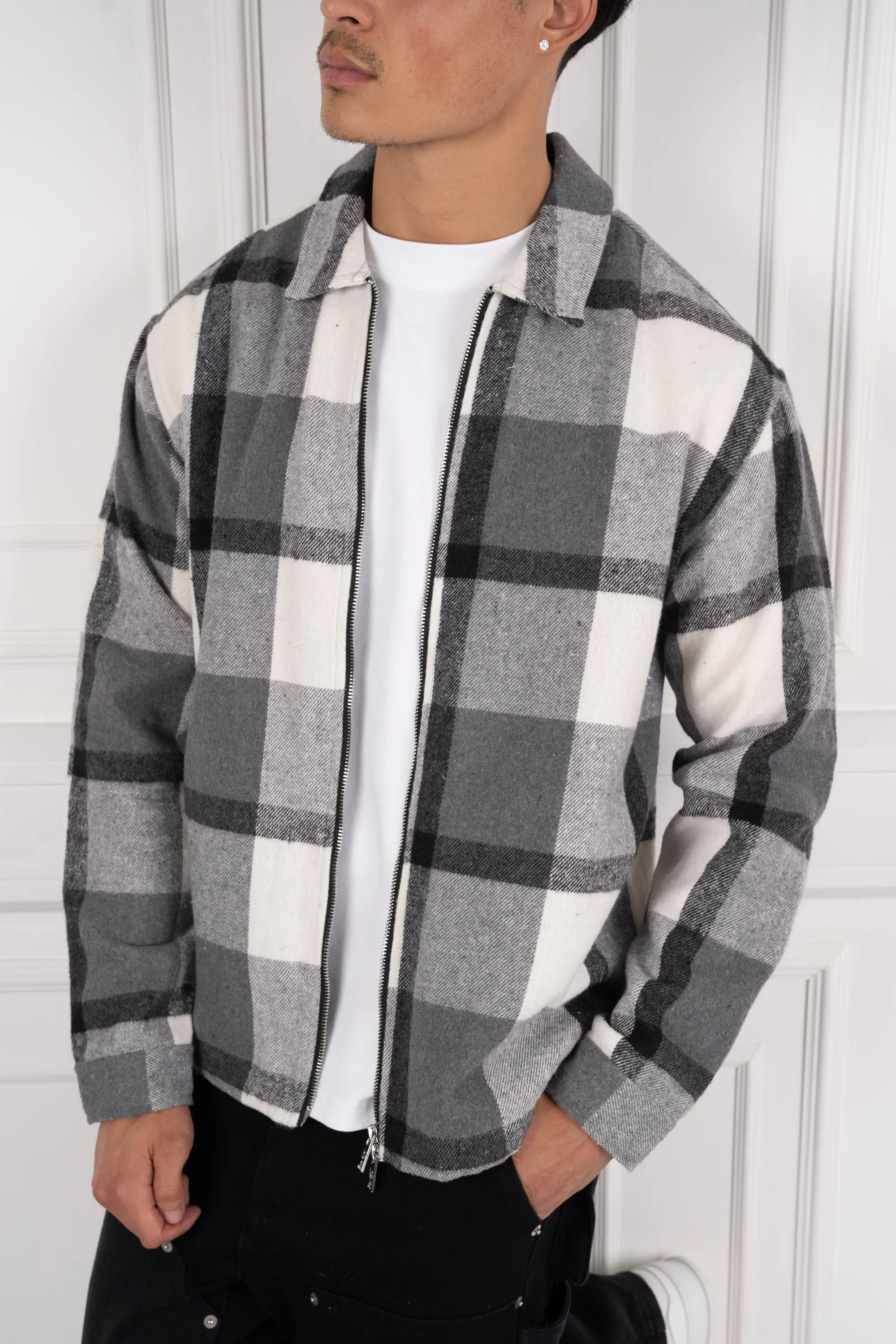 Boxy Checked Double Zip Shirt - Grey