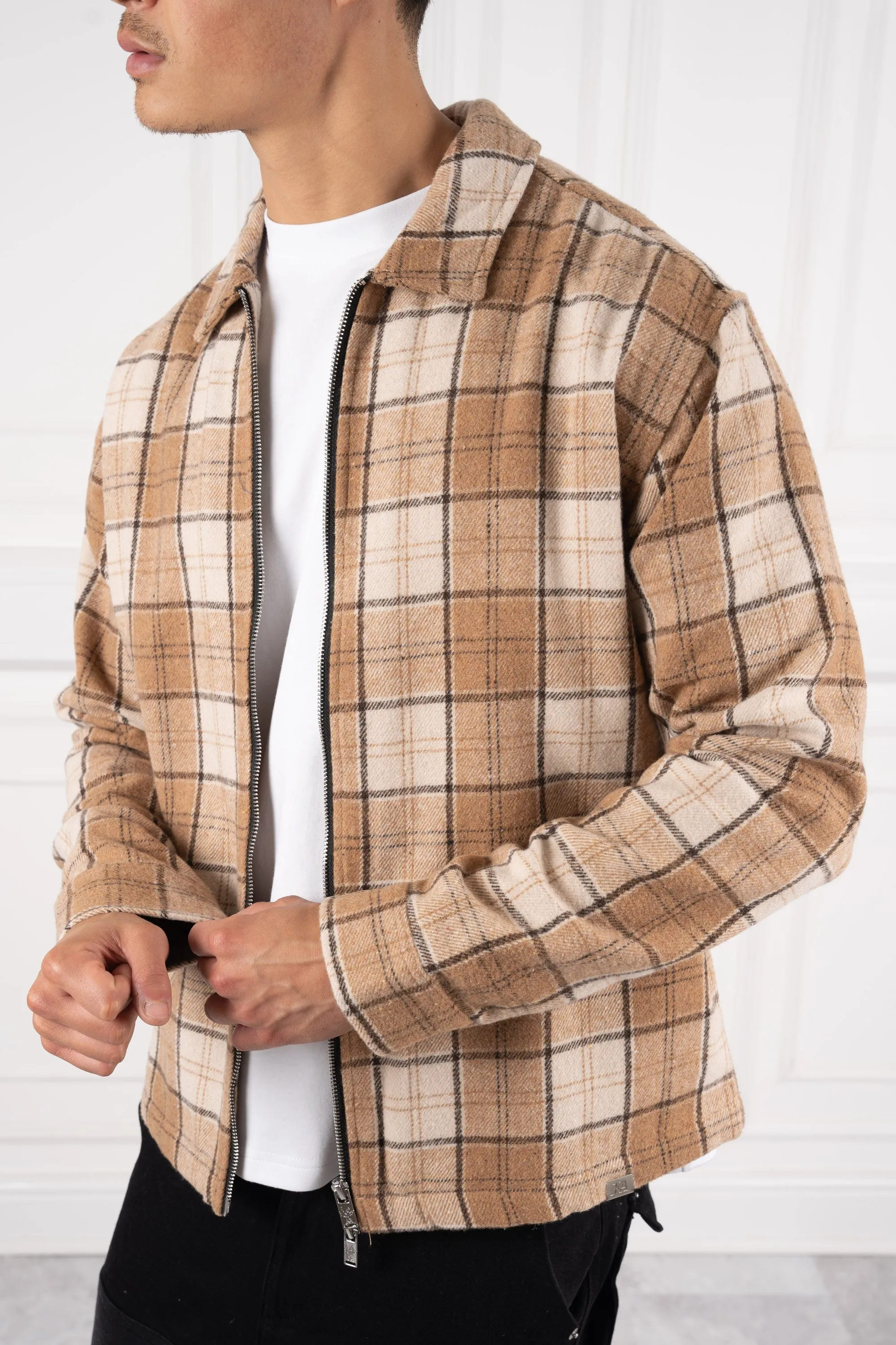 Boxy Checked Double Zip Shirt - Stone