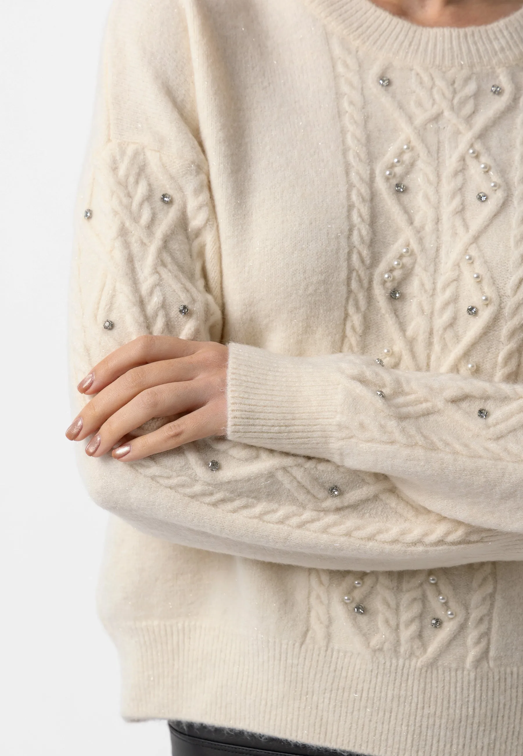 Cable Knit Gem Detail White Jumper