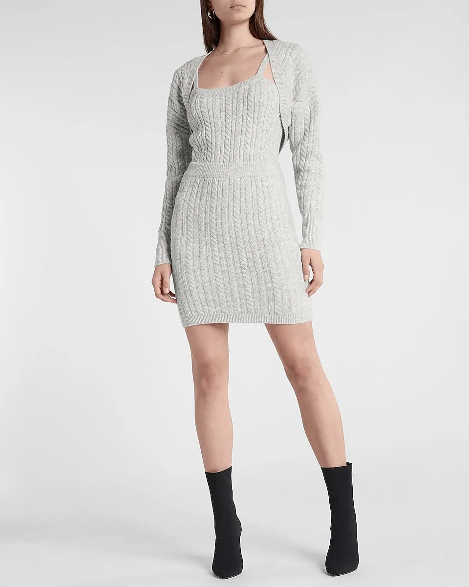 Cable Knit Mini Sweater Skirt in Silver Heather Gray