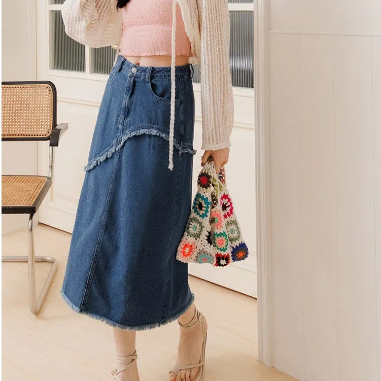 Casual Denim Fringe A-Line Long Maxi Skirt