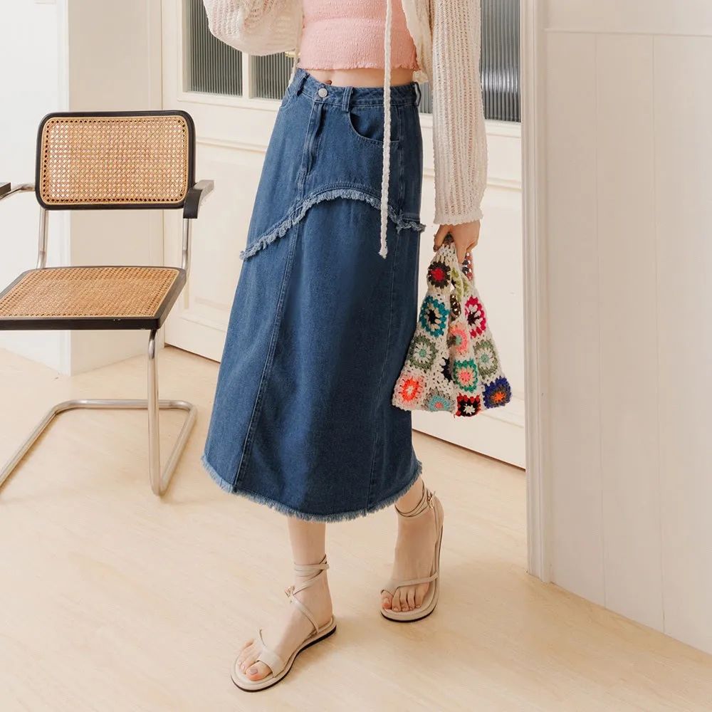 Casual Denim Fringe A-Line Long Maxi Skirt