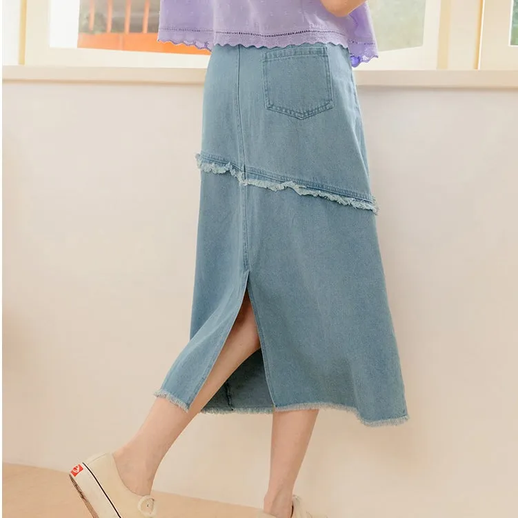 Casual Denim Fringe A-Line Long Maxi Skirt