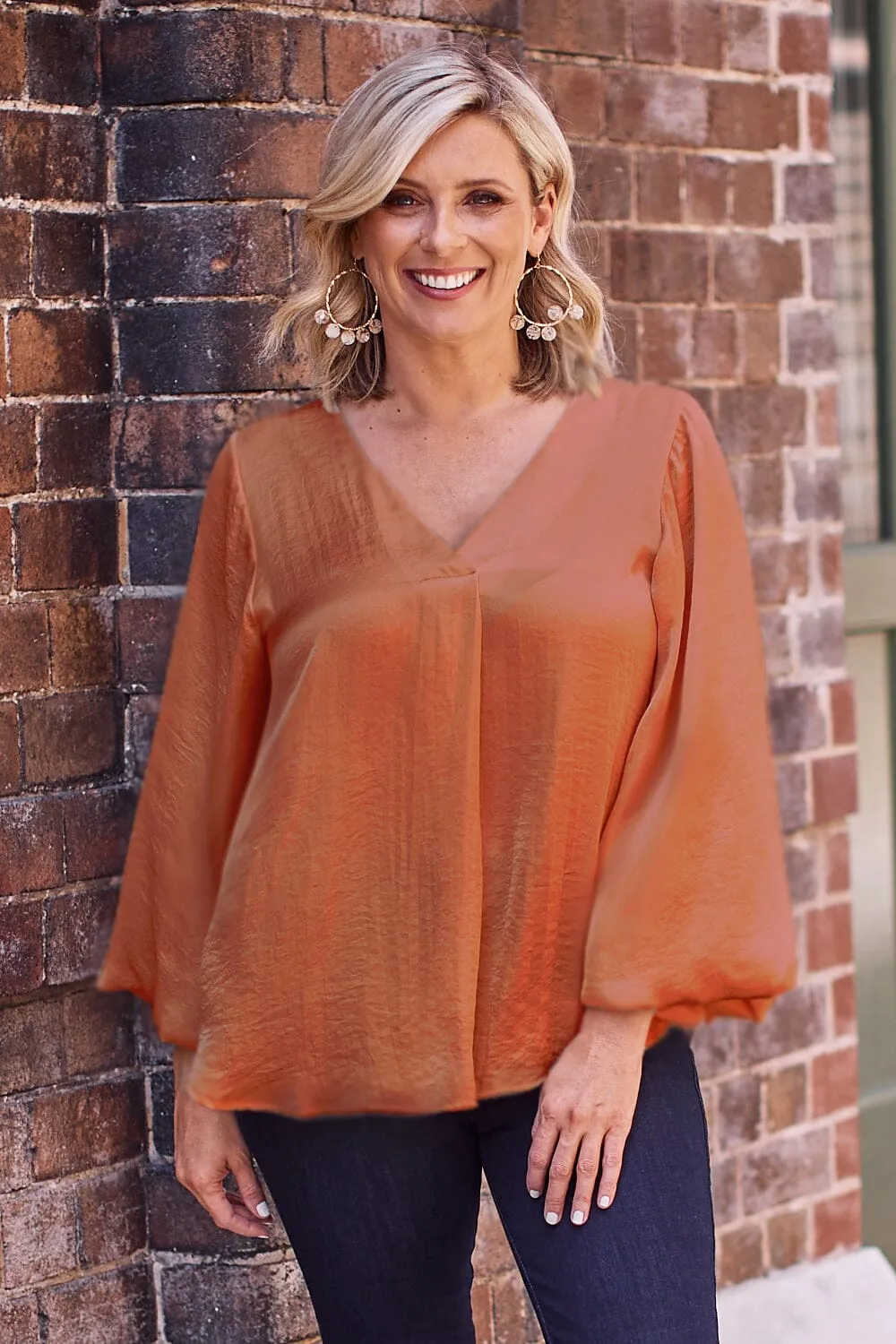 Charlotte V-Neck Long Sleeve Top Terracotta