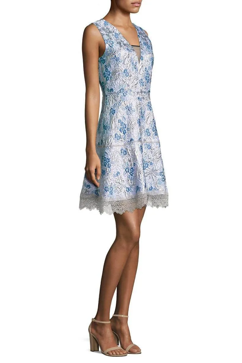 Elie Tahari V-Neck Sleeveless Zipper Back A-Line Floral Jacquard Dress