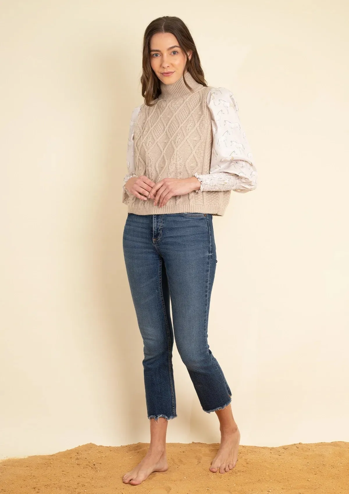 Ellie Cable Knit Sweater with Printed Sleeves