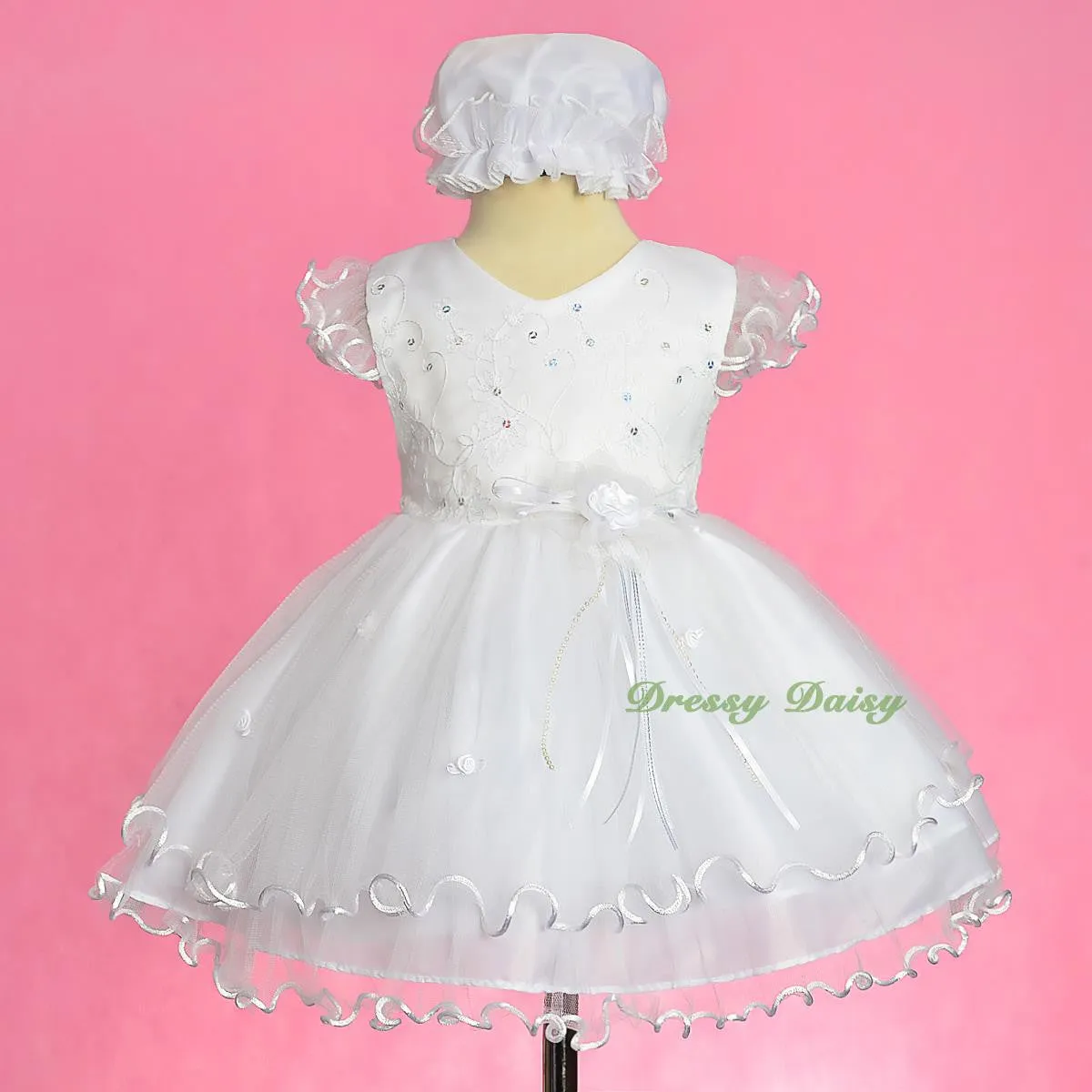 FG324 Scallop Hemline Pageant Birthday Occasion Dresses w/ Bonnet Baby Size 9-24 Months