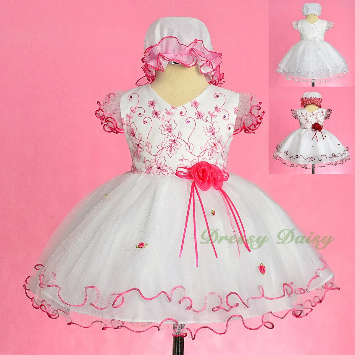 FG324 Scallop Hemline Pageant Birthday Occasion Dresses w/ Bonnet Baby Size 9-24 Months