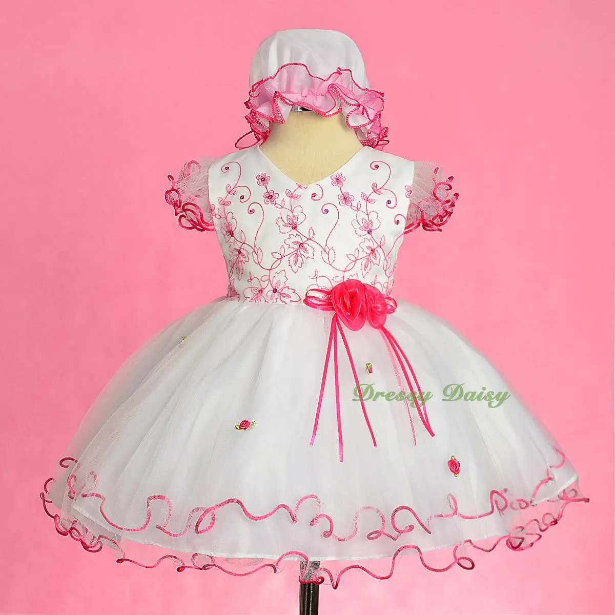 FG324 Scallop Hemline Pageant Birthday Occasion Dresses w/ Bonnet Baby Size 9-24 Months