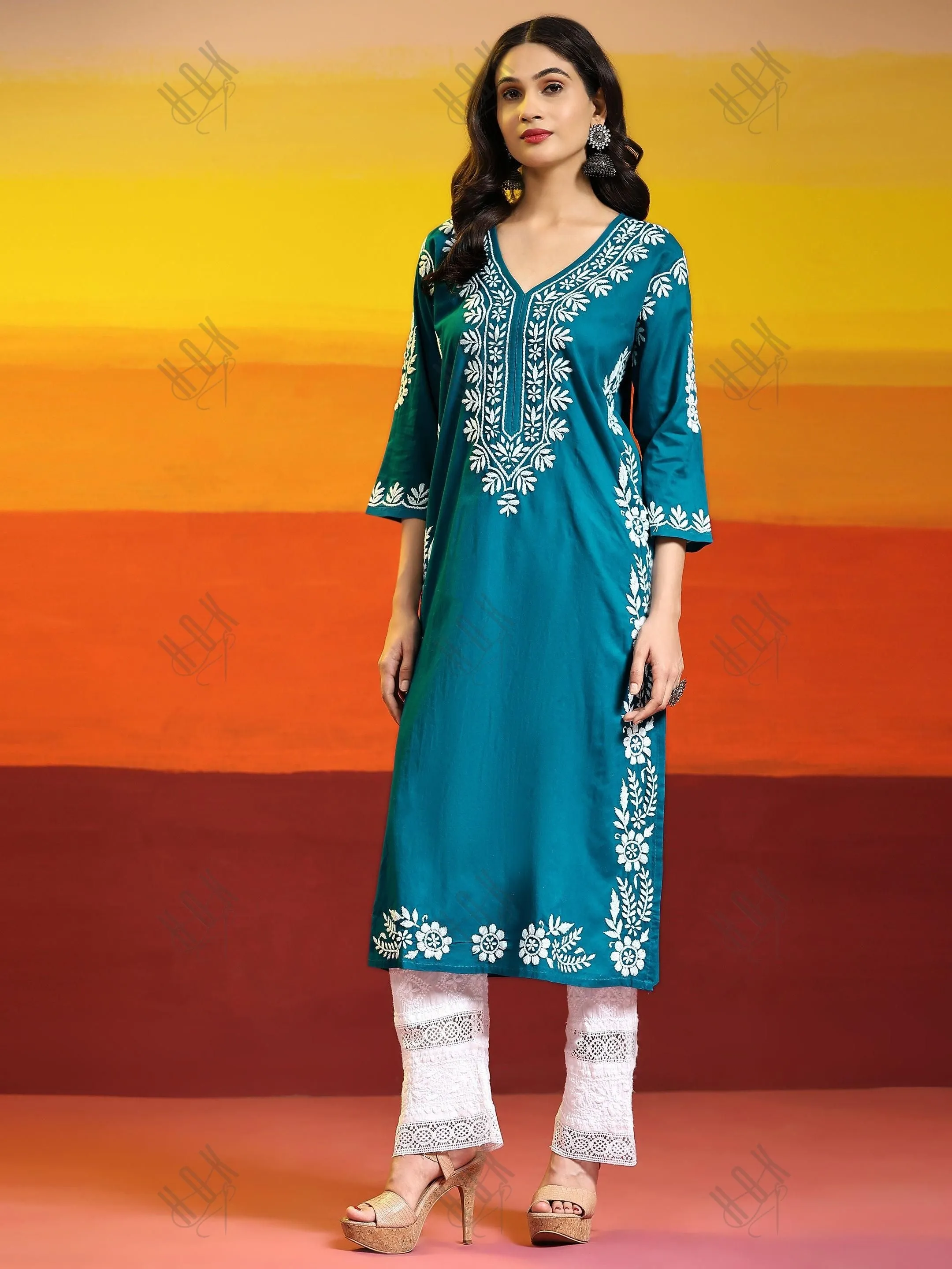 Fizaa Chikankari Long Kurta in Cotton for Women- Turquoise Blue