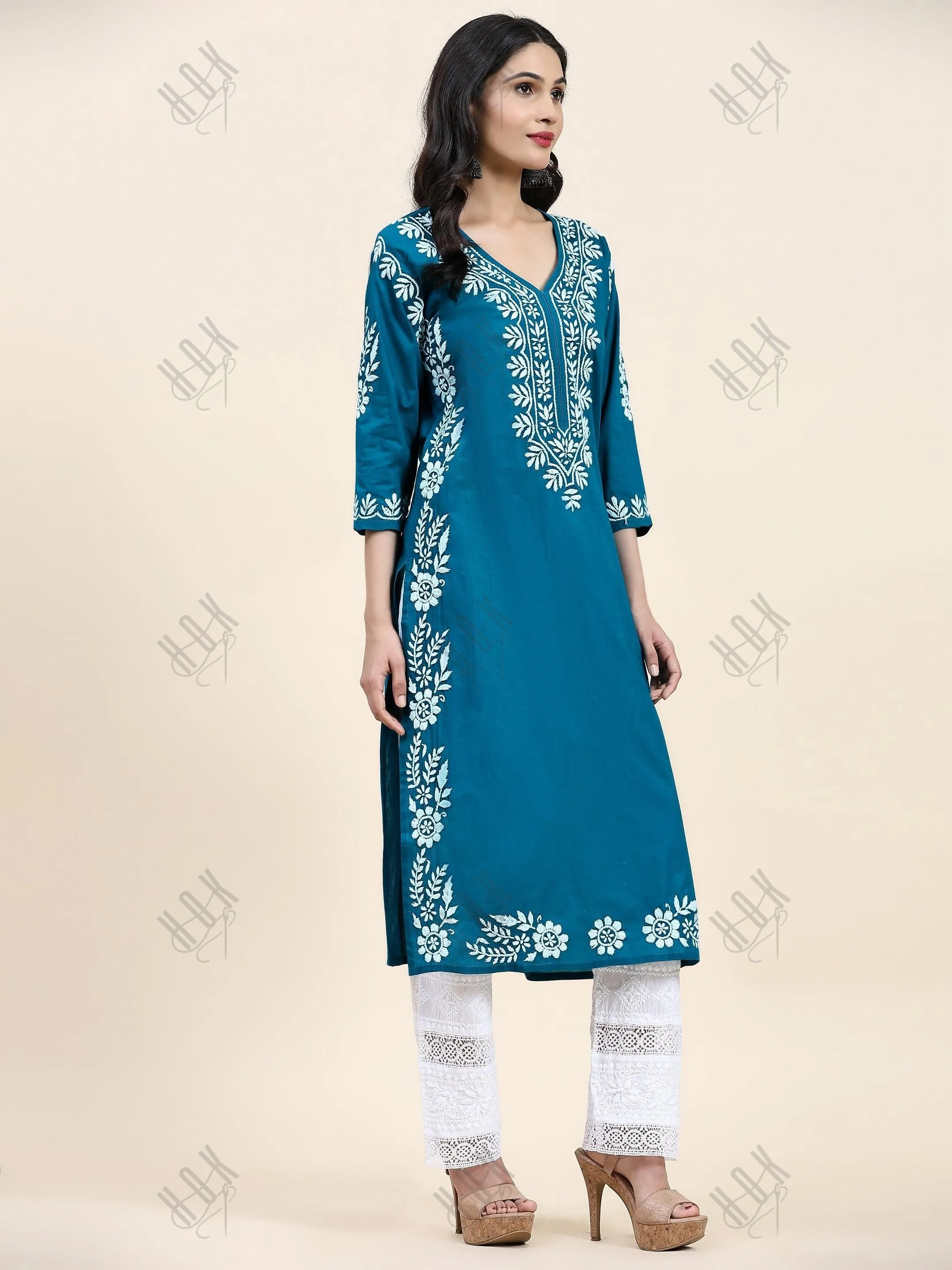 Fizaa Chikankari Long Kurta in Cotton for Women- Turquoise Blue