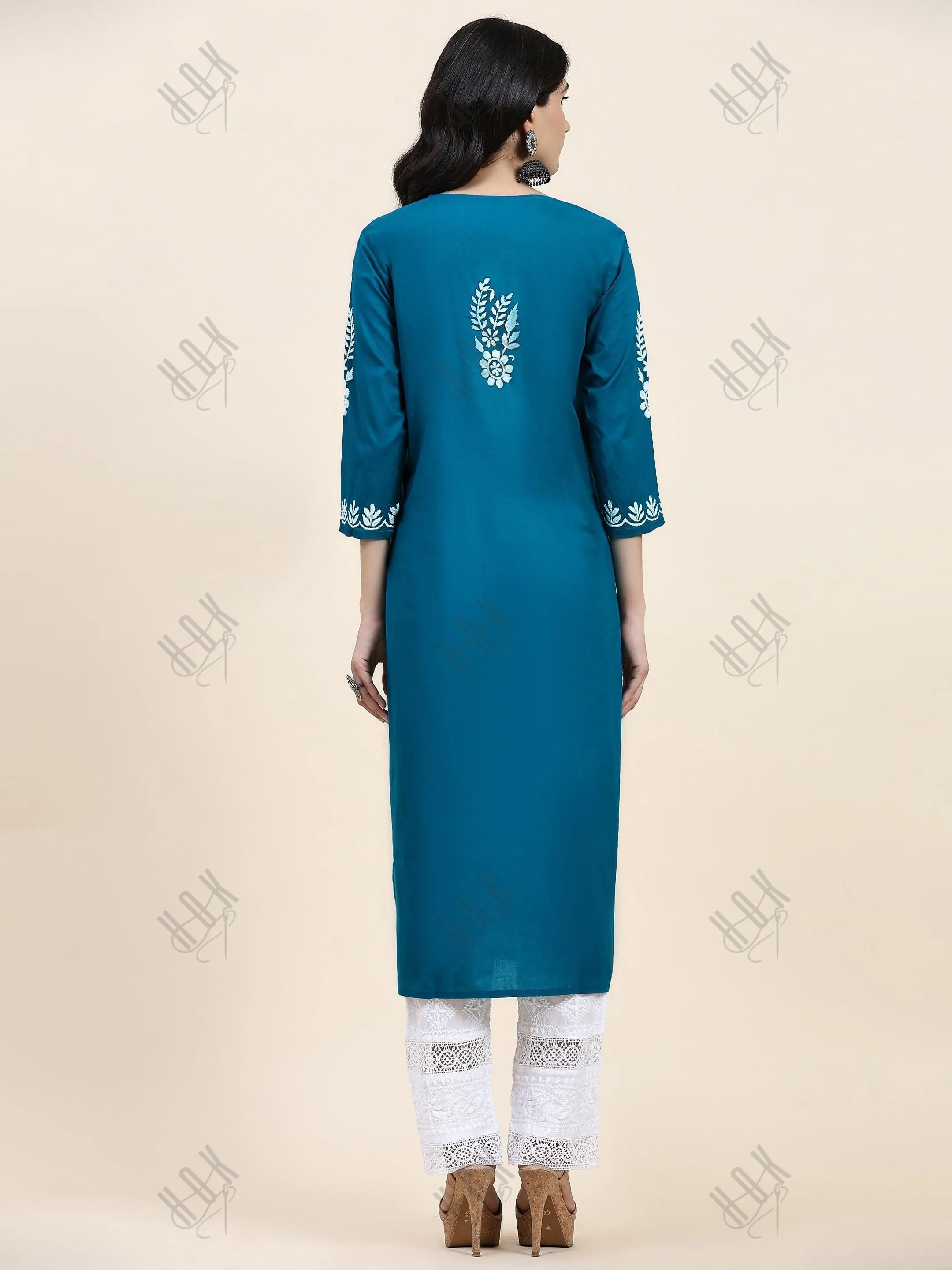 Fizaa Chikankari Long Kurta in Cotton for Women- Turquoise Blue