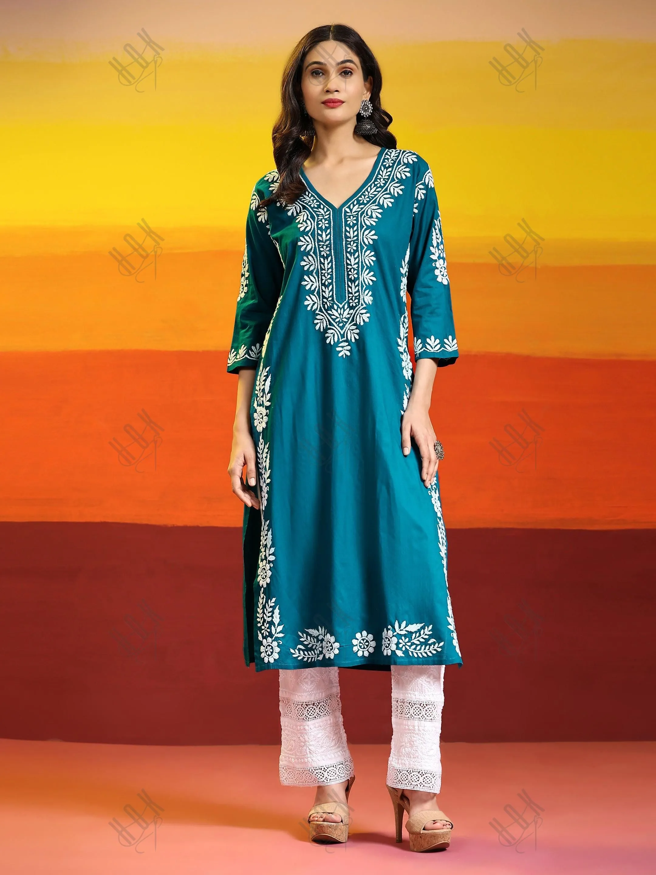 Fizaa Chikankari Long Kurta in Cotton for Women- Turquoise Blue