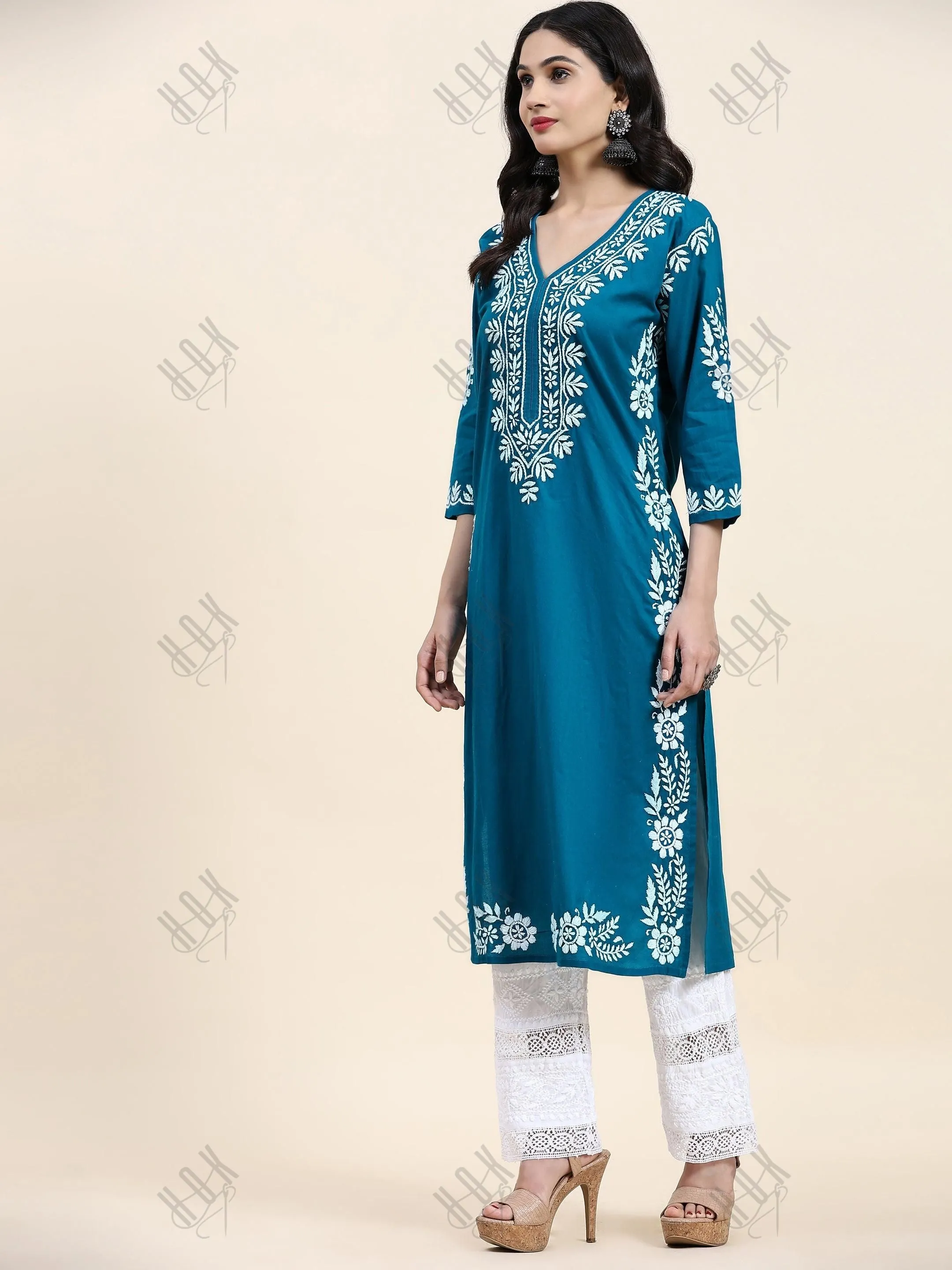 Fizaa Chikankari Long Kurta in Cotton for Women- Turquoise Blue