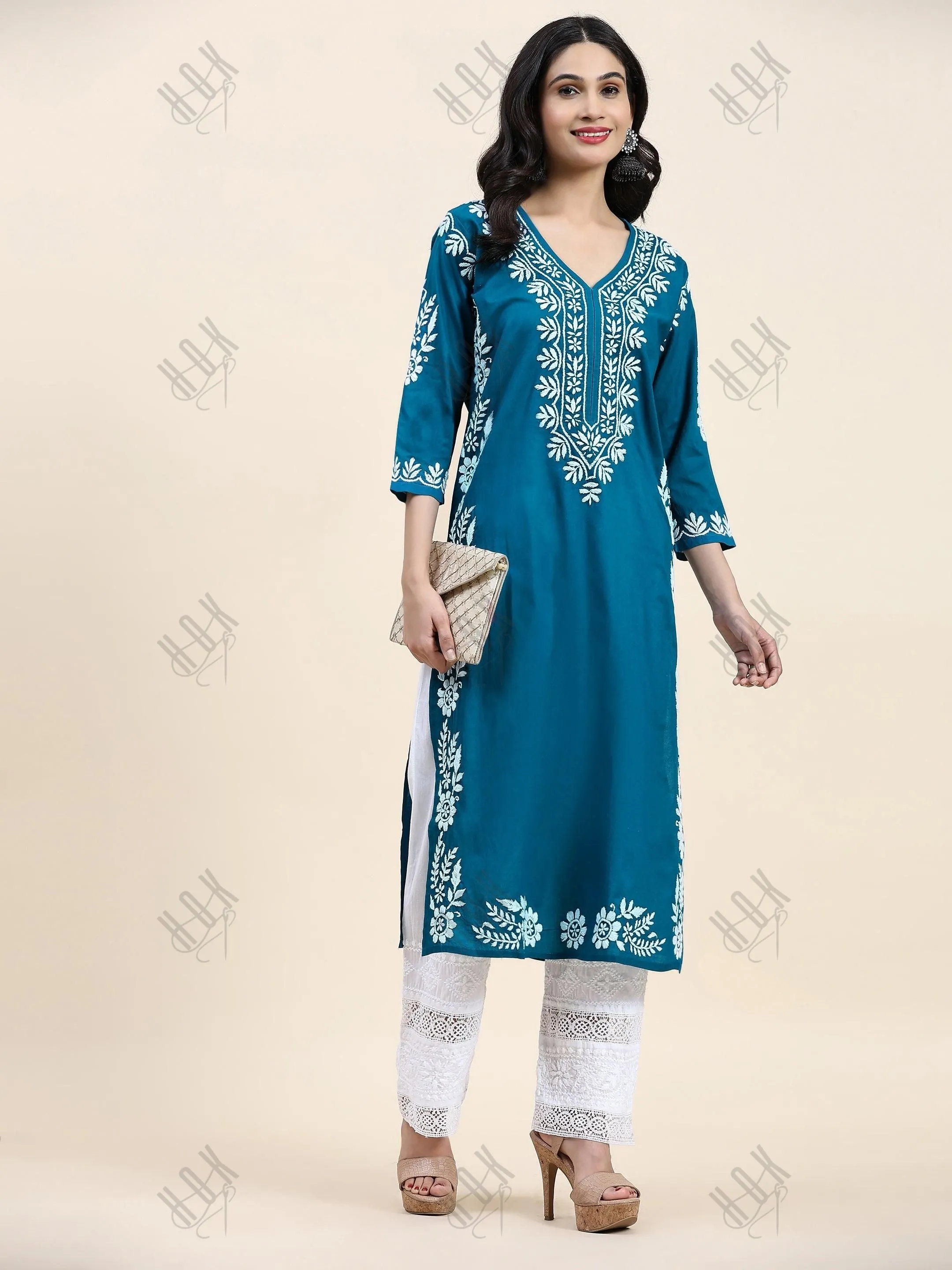 Fizaa Chikankari Long Kurta in Cotton for Women- Turquoise Blue