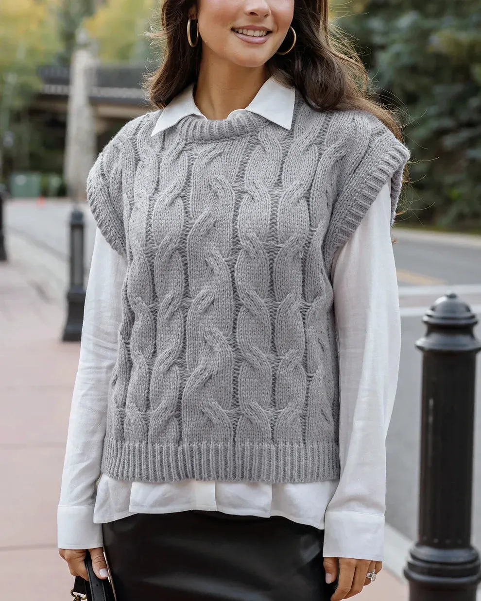 Grace & Lace Cable Knit Sweater Vest - Light Grey