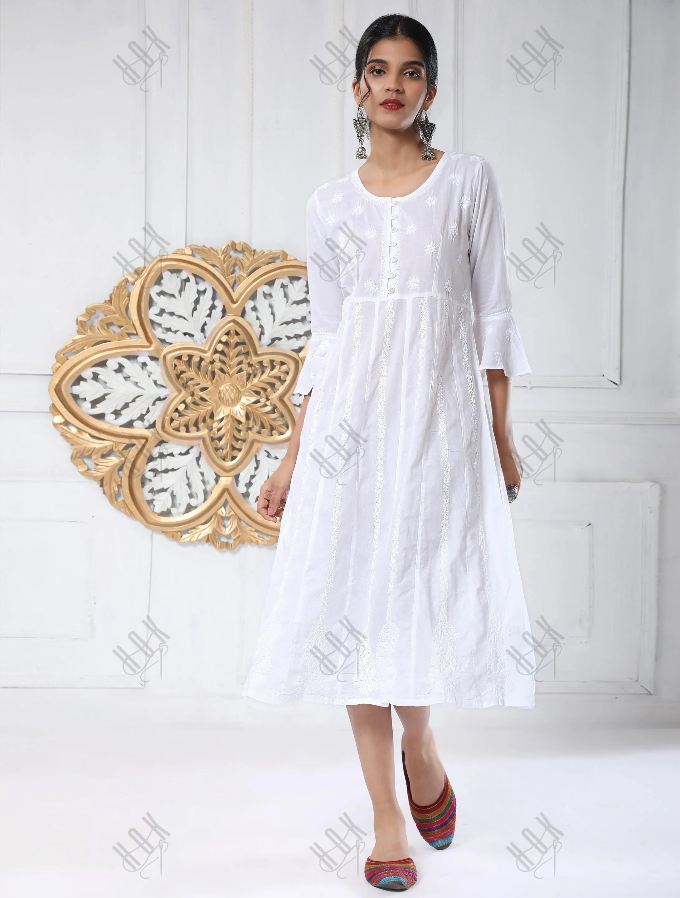 Hand embroidery Chikankari Long Kurta-White