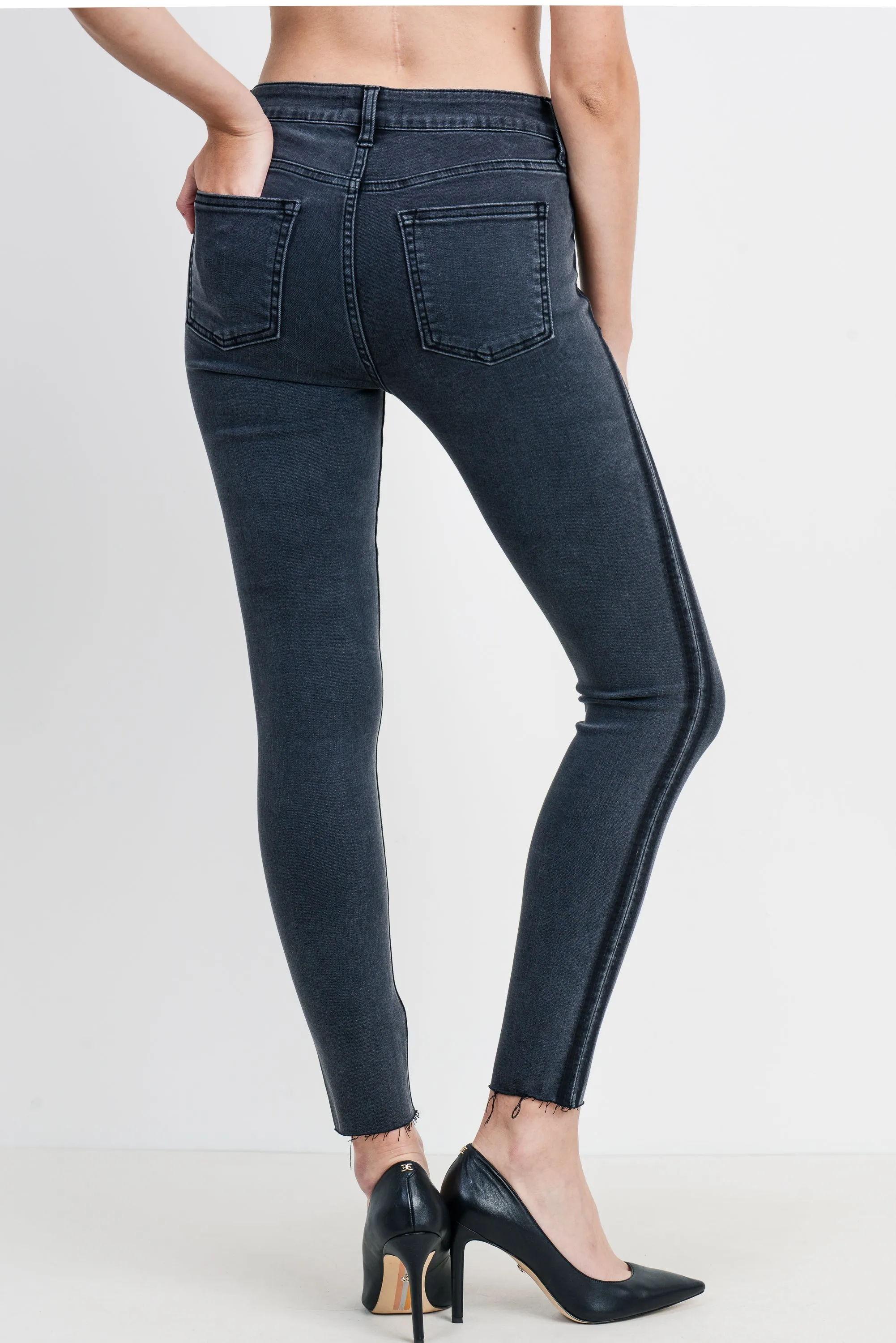 High Rise Washed Black Skinny Jeans with Shadow Stripe