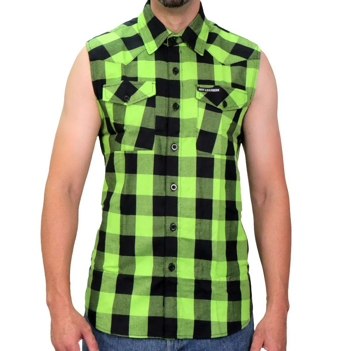 Hot Leathers FLM5002 Men’s Black and Green Sleeveless Cotton Flannel Shirt