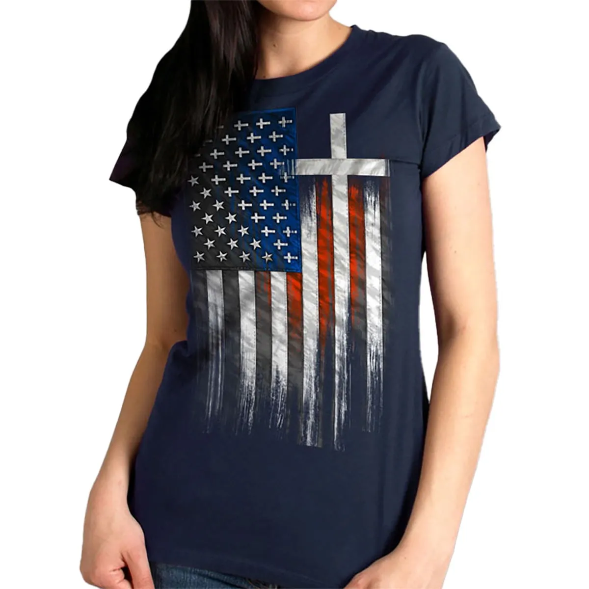 Hot Leathers GLR1520 American Flag Crosses Ladies Black T-Shirt