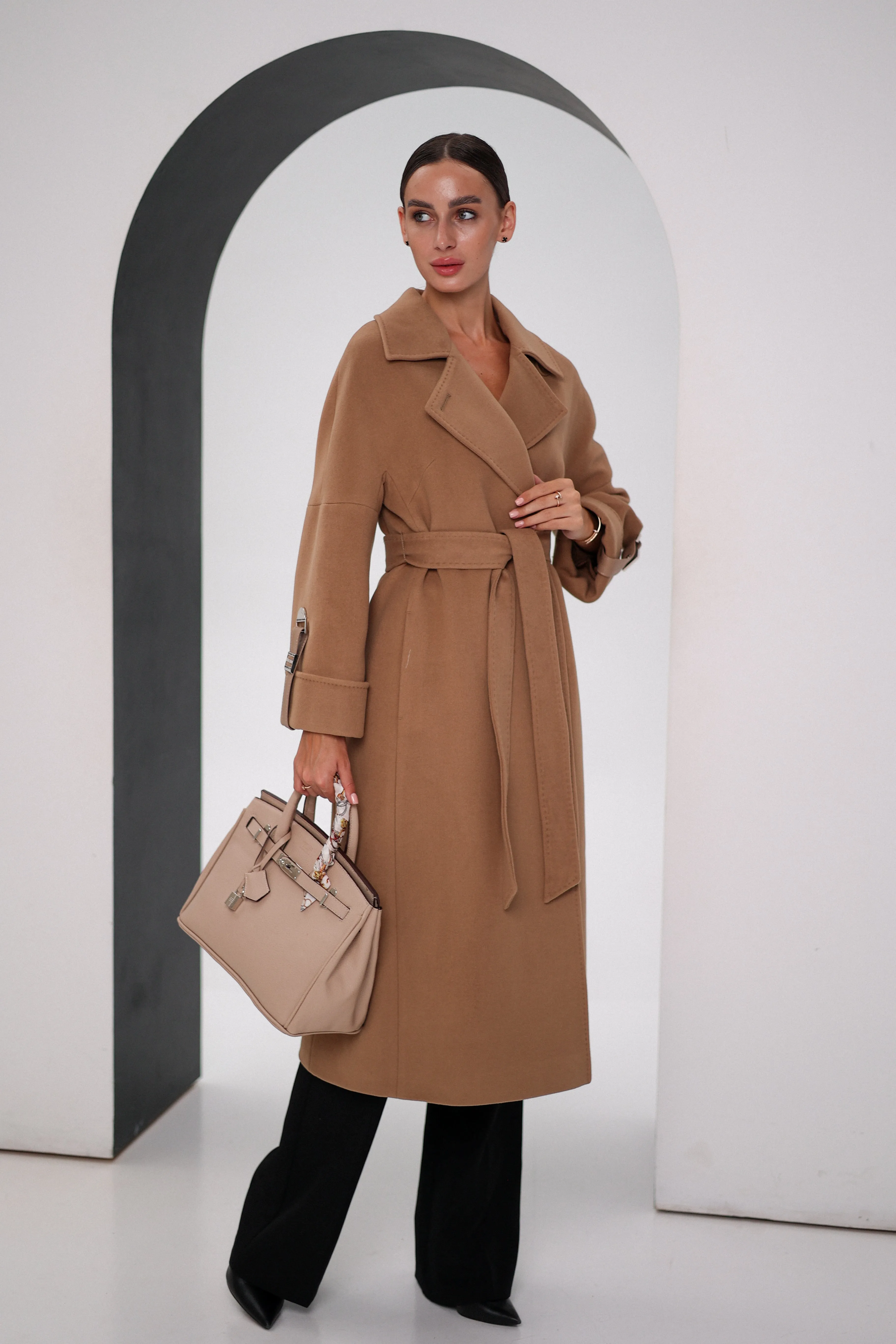 Leather Buckle Cashmere Wool Coat