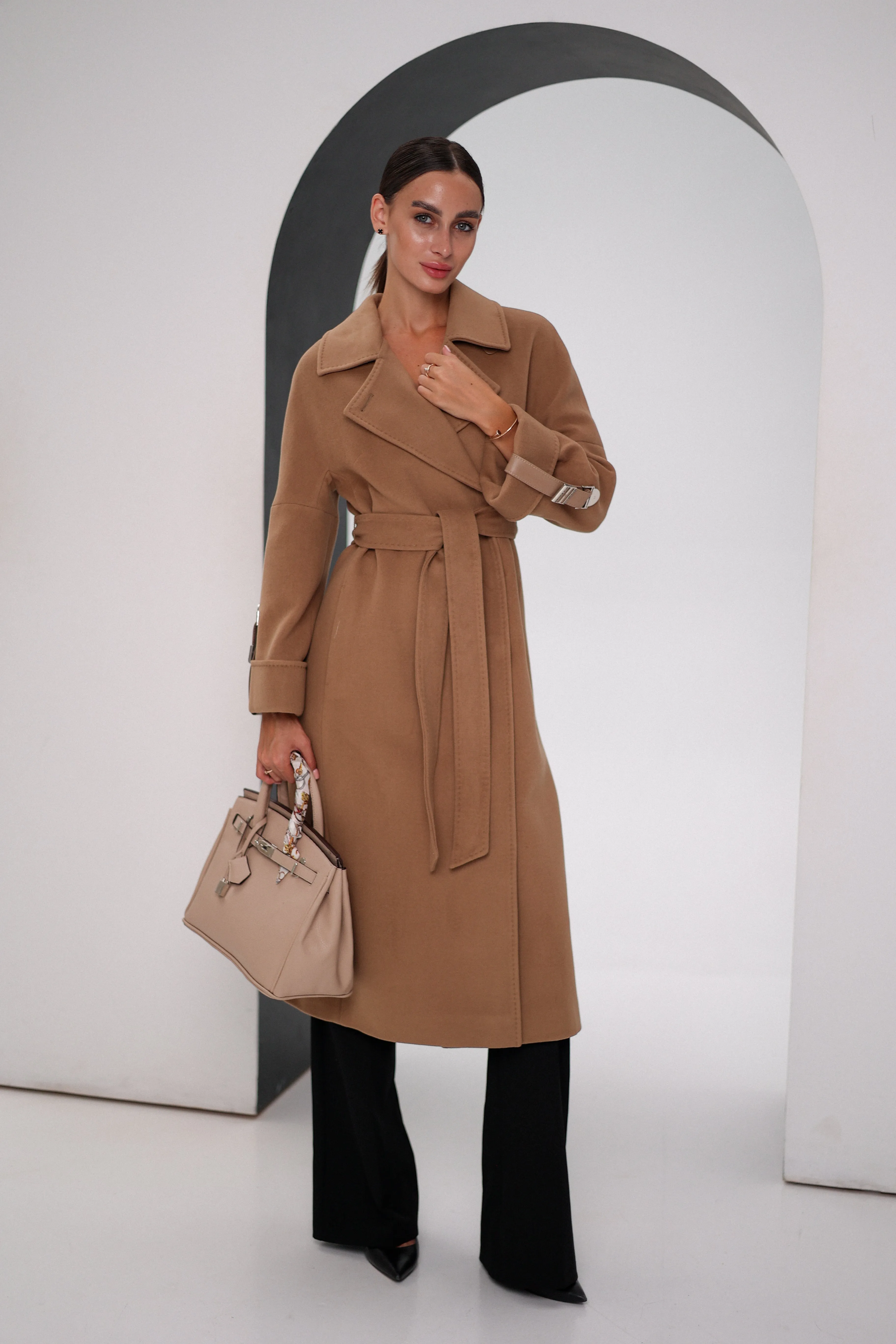 Leather Buckle Cashmere Wool Coat