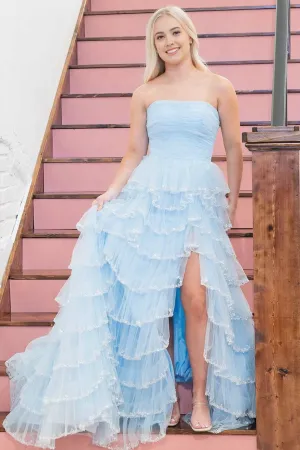 Light Blue Strapless Layered Tulle Prom Dress with Sequins