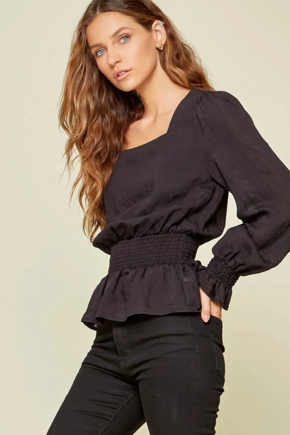 LONG SLEEVE SMOCKED BLOUSE | BLACK